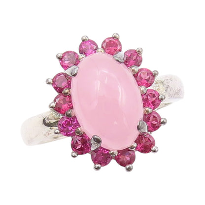 925 Sterling Silver Vintage Ring Cabochon Gemstone Halo Pink CZ  SZ 8  RG32034