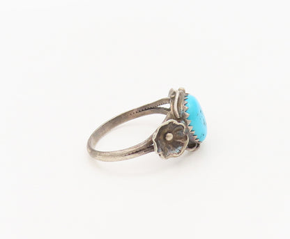 NAVAJO 925 Silver  Vintage Two Side Carved Flower Turquoise Ring Sz 7  RG27349