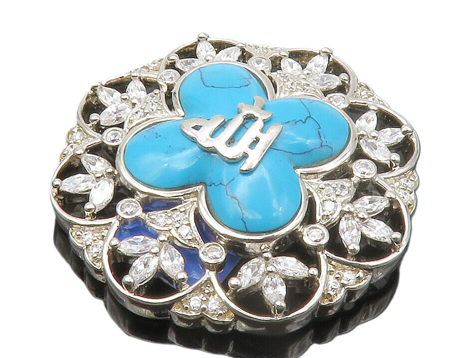 925 Sterling Silver  Vintage Shiny Cubic Zirconia & Turquoise Pendant  PT11053