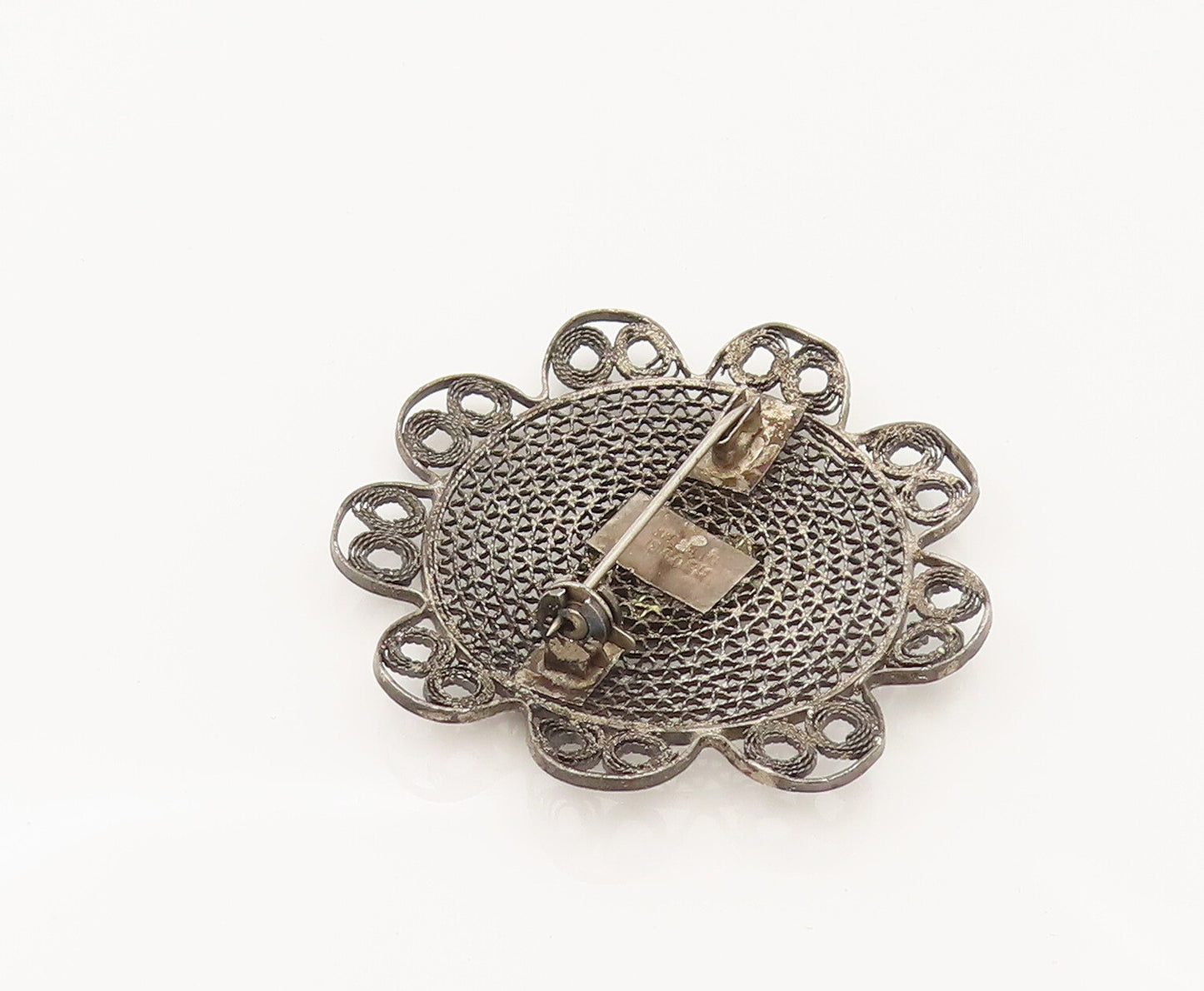 ISRAEL 925 Silver  Vintage Turquoise Flower Wire Mesh Brooch Pin  BP10286