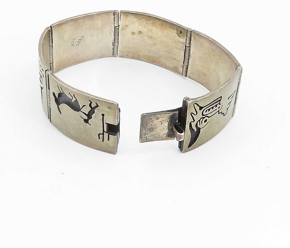 MEXICO 925 Silver  Vintage Oxidized Storyteller Panel Chain Bracelet  BT3475