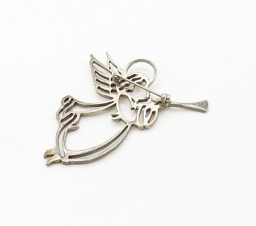 925 Sterling Silver  Vintage Horn Playing Angel Outline Brooch Pin  BP6264