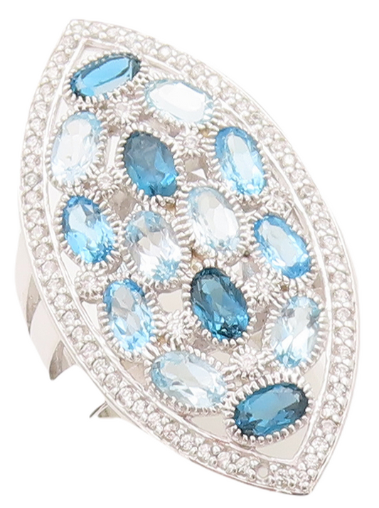 925 Sterling Silver Vintage Ring Carved Oval Cut Blue Topaz Inlay  Sz 7  RG29847