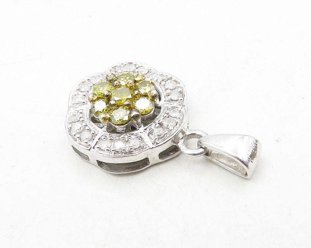 925 Sterling Silver  Genuine White & Yellow Diamonds Floral Pendant  PT8013