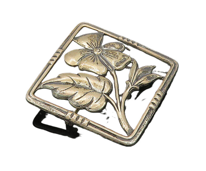 925 Sterling Silver  Vintage Dark Tone Flower Motif Square Brooch Pin  BP8293
