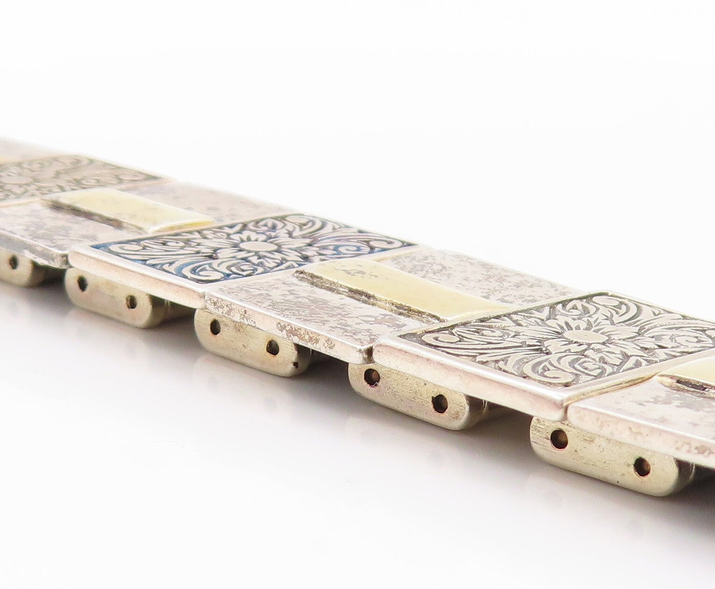 14k Gold 925 Sterling Silver Vintage Bracelet ISRAEL Floral Design  BT11044