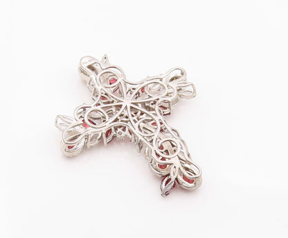 925 Sterling Silver Vintage Pendant Garnet & Topaz Religious Cross   PT26356