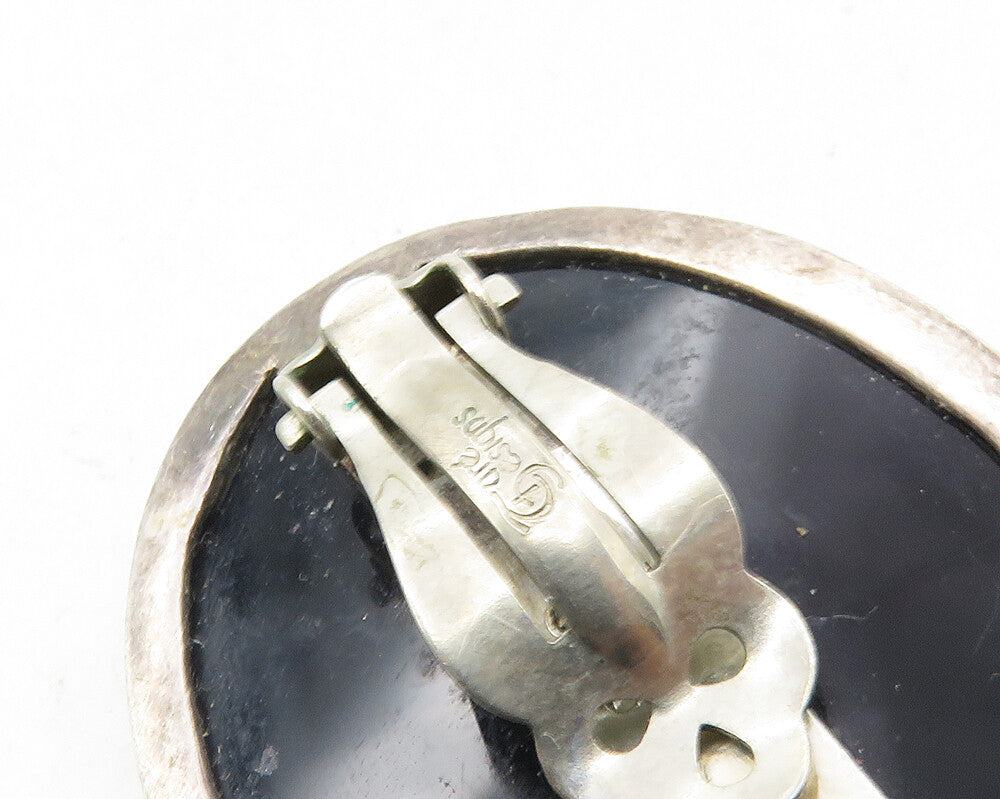 TURE MEXICO 925 Sterling Silver  Vintage Black Onyx Non Pierce Earrings EG5075