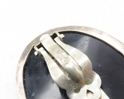 TURE MEXICO 925 Sterling Silver  Vintage Black Onyx Non Pierce Earrings EG5075