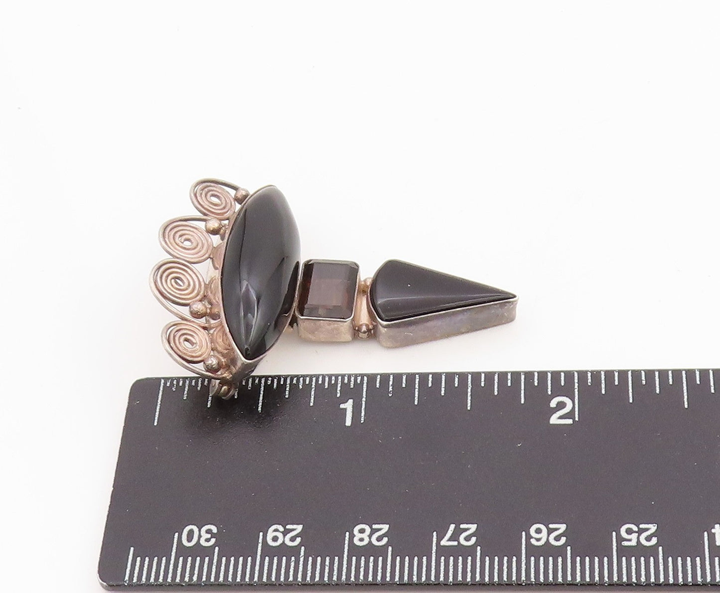 925 Sterling Silver Vintage Brooch SAJEN Smoky Quartz & Onyx Swirly Pin  BP11955