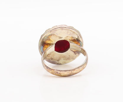 925 Sterling Silver Vintage Ring Pink Gemstone Swirly Carved  Sz 7  RG29704