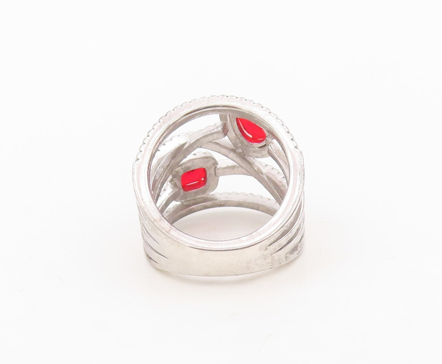 925 Sterling Silver Vintage Ring Designer Cut Red & White CZ Bands Sz 7  RG30498