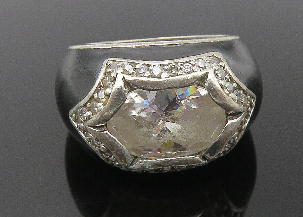 925 Sterling Silver  Vintage Cubic Zirconia & Enamel Band Ring Sz 6  RG11178