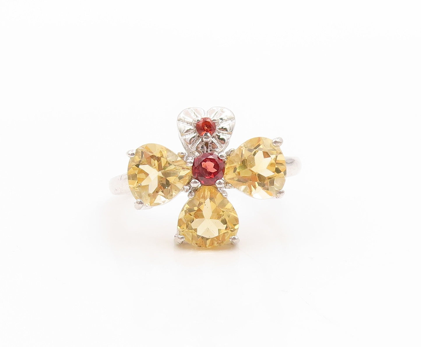 925 Sterling Silver Vintage Ring Citrine & Garnet Floral Petal  Sz 7  RG36172