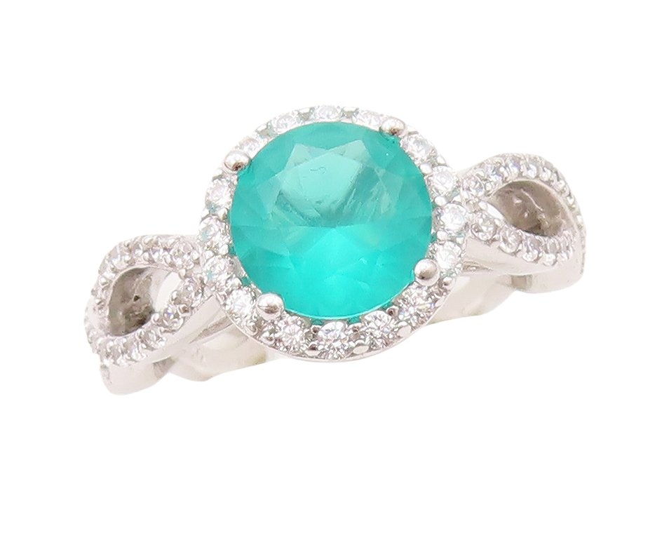 925 Sterling Silver Vintage Ring Designer Round Sea Green White CZ Sz 7 RG30368