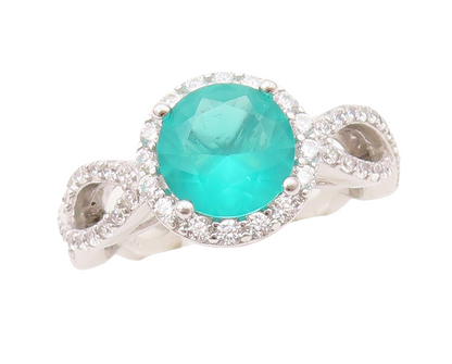 925 Sterling Silver Vintage Ring Designer Round Sea Green White CZ Sz 7 RG30368
