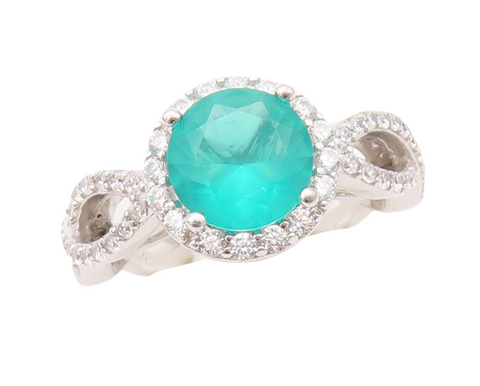 925 Sterling Silver Vintage Ring Designer Round Sea Green White CZ Sz 7 RG30368