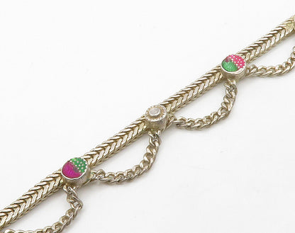 925 Sterling Silver  Vintage Enamel Double Strand Wheat Chain Bracelet  BT5771