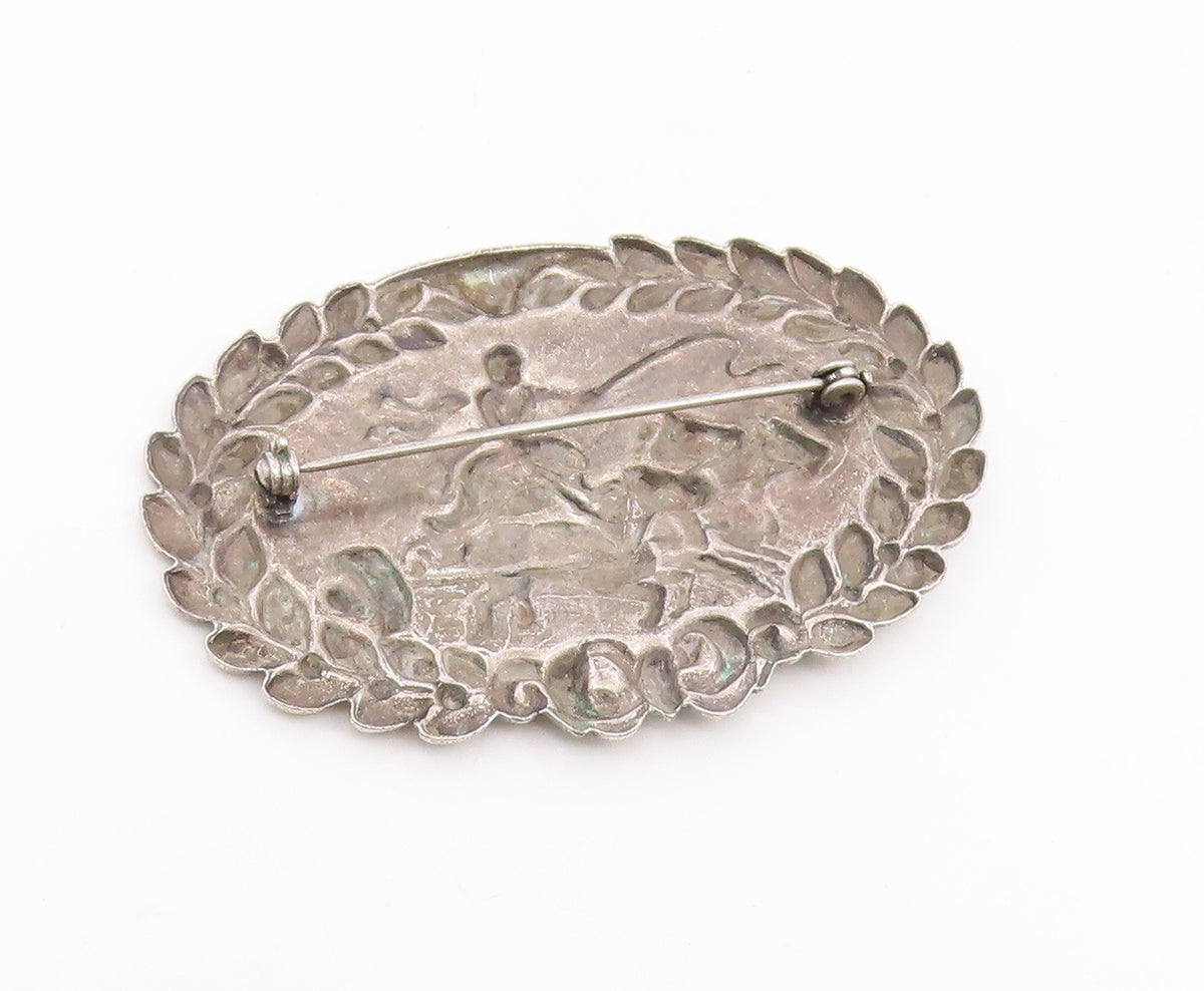 925 Sterling Silver Vintage Brooch Pin Carved Royal Charioteer & Horses  BP12390