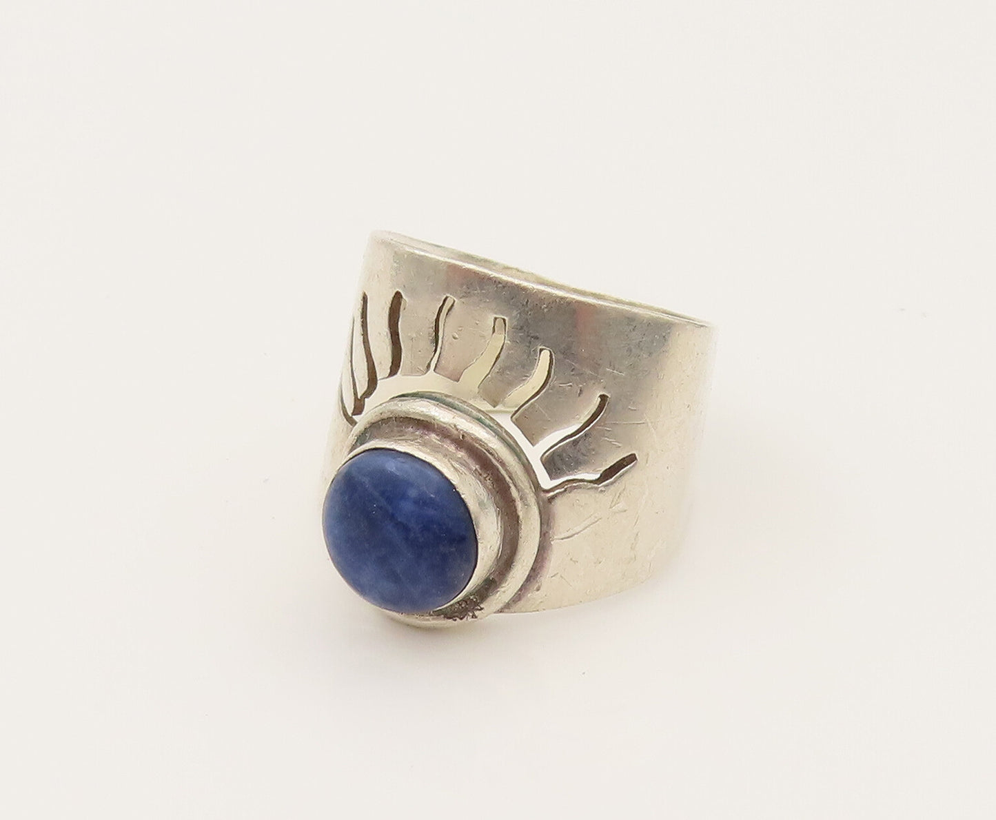 925 Silver  Vintage Sodalite Eye & Eyelashes Cutout Ring Sz 6.5  RG26377