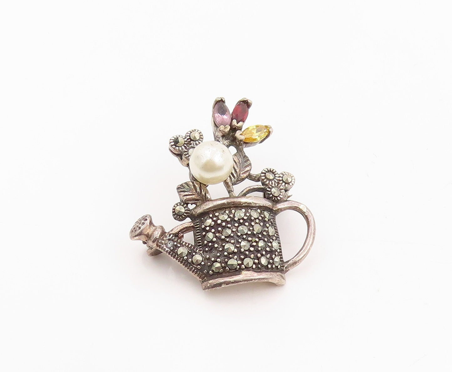925 Sterling Silver Vintage Brooch Pearl & Multi Gemstone Watering Can  BP12026