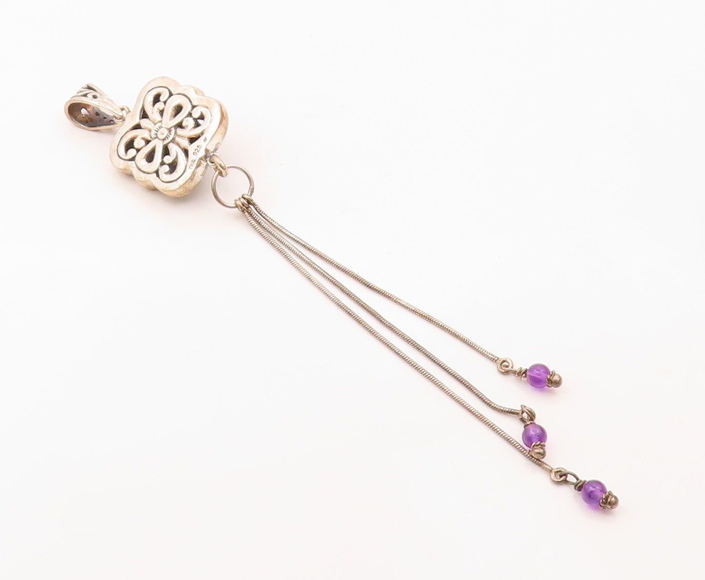 925 Sterling Silver  Vintage Black Spinel & Amethyst Swirl Pendant  PT18492
