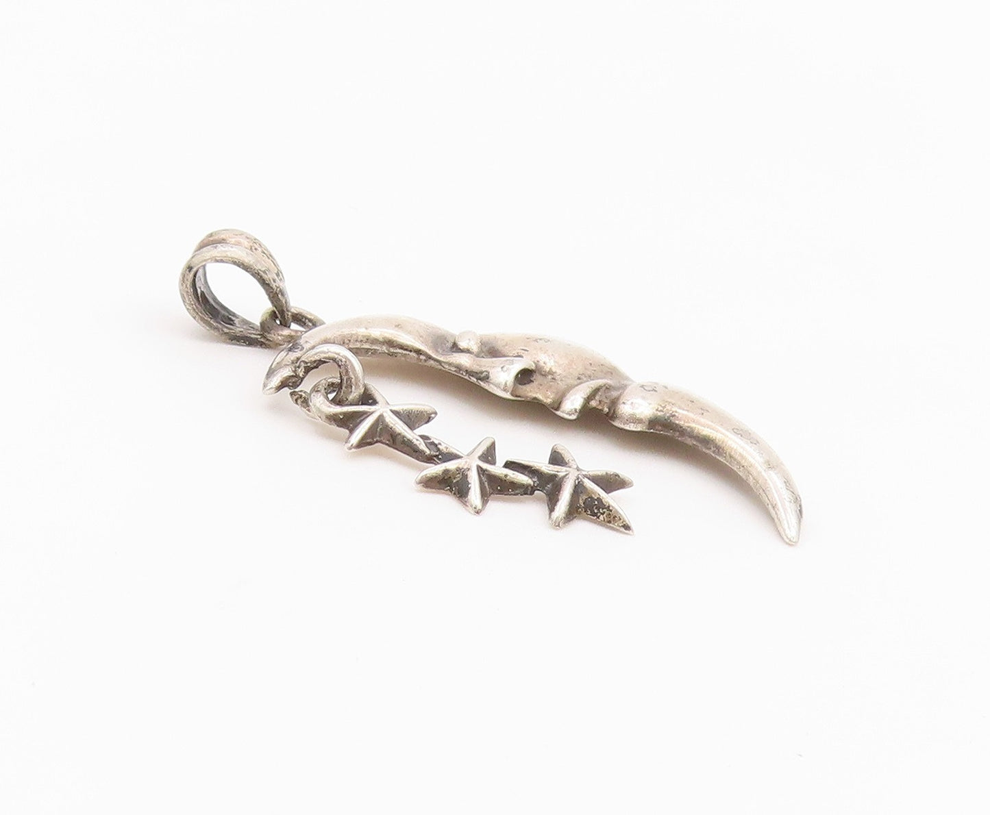 925 Sterling Silver Vintage Pendant Sleeping Crescent Moon & Triple Star PT26400