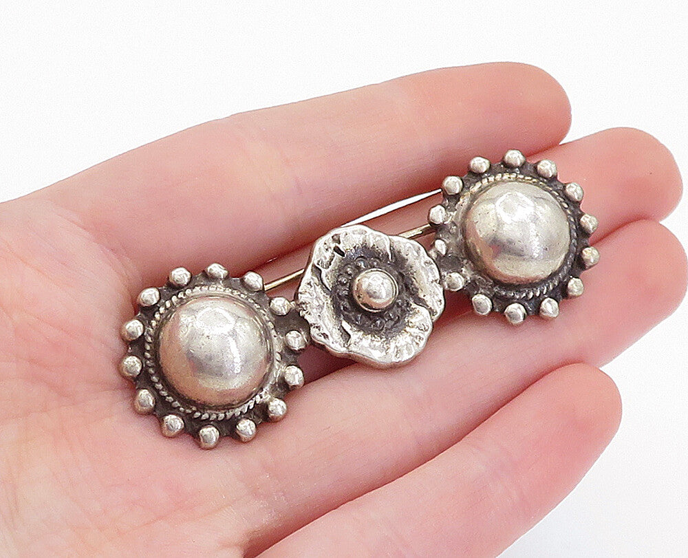 925 Sterling Silver  Vintage Dark Tone Floral Round Domes Brooch Pin  BP1922