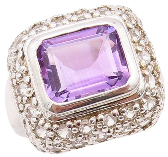 925 Sterling Silver Vintage Ring Square Cut Amethyst & Topaz Inlay Sz 7  RG30032