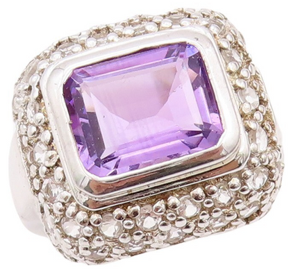 925 Sterling Silver Vintage Ring Square Cut Amethyst & Topaz Inlay Sz 7  RG30032