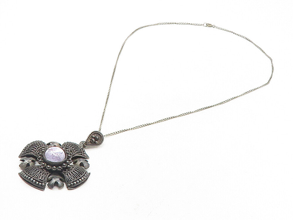 ISRAEL 925 Sterling Silver Vintage Antique Gemstone Cross Chain Necklace  NE1973