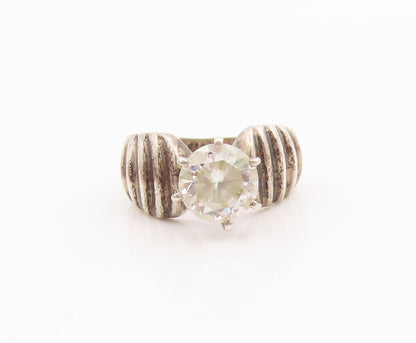 925 Sterling Silver Vintage Ring Classic White Topaz Ribbed Band  Sz 6  RG35725