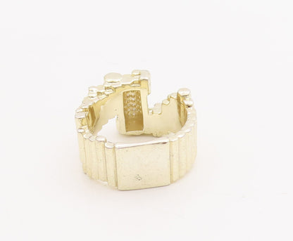 925 Sterling Silver Vintage Ring Solid Brutalist CZ Wood Cut  Sz 7.5  RG28968