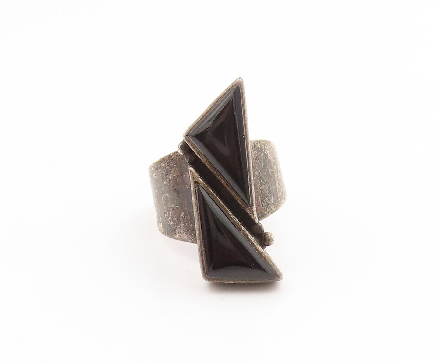 925 Sterling Silver Vintage Ring Black Onyx Geometric Triangles  Sz 7  RG35076