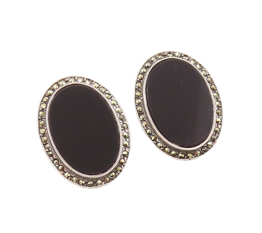 925 Sterling Silver  Vintage Large Oval Onyx Halo Marcasite Earrings  EG12792