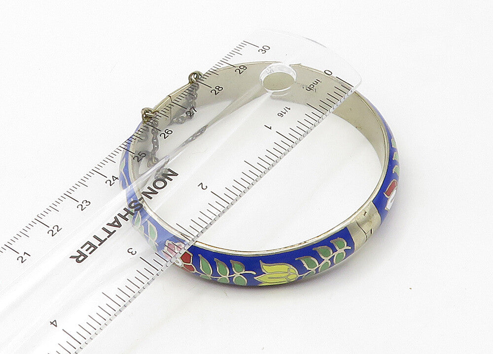925 Sterling Silver  Vintage Enamel Floral Pattern Bangle Bracelet  BT8540