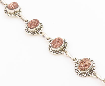 925 Sterling Silver  Druzy Stone Shiny Floral Link Chain Bracelet  BT3641