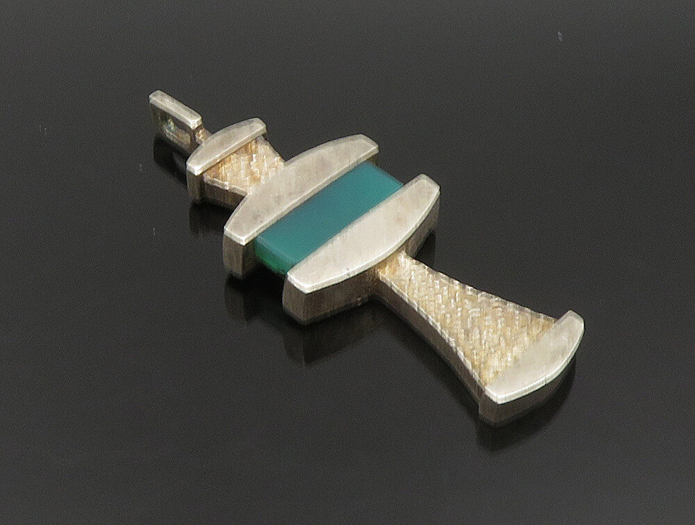 925 Sterling Silver  Vintage Green Onyx Textured Lighthouse Pendant  PT20249