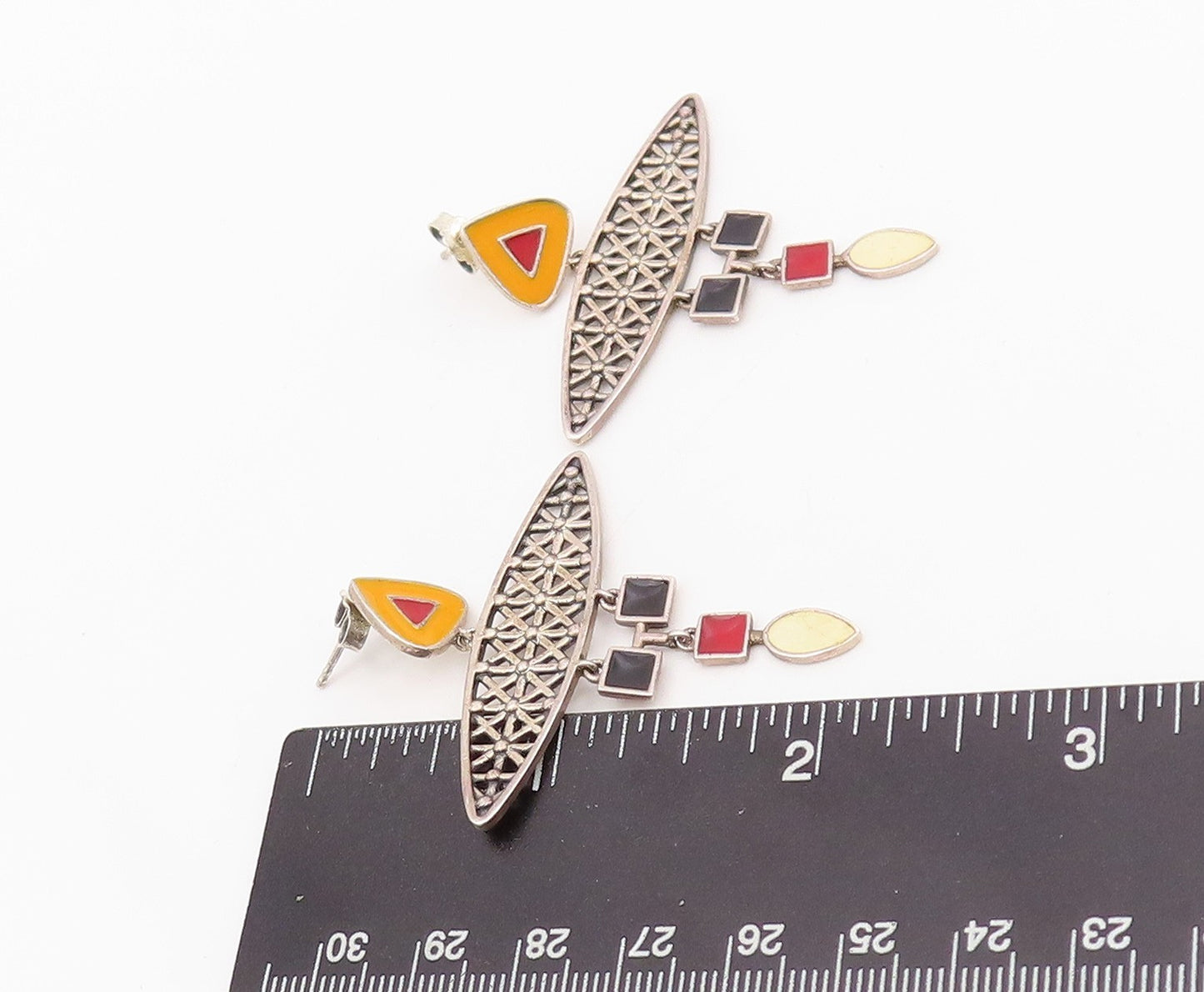 925 Sterling Silver Vintage Earrings Enameled Geometric Design Cut  EG13659