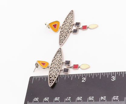 925 Sterling Silver Vintage Earrings Enameled Geometric Design Cut  EG13659