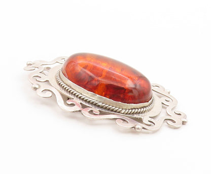 925 Sterling Silver Vintage Brooch Large Cabochon Honey Amber Scroll Pin BP12278