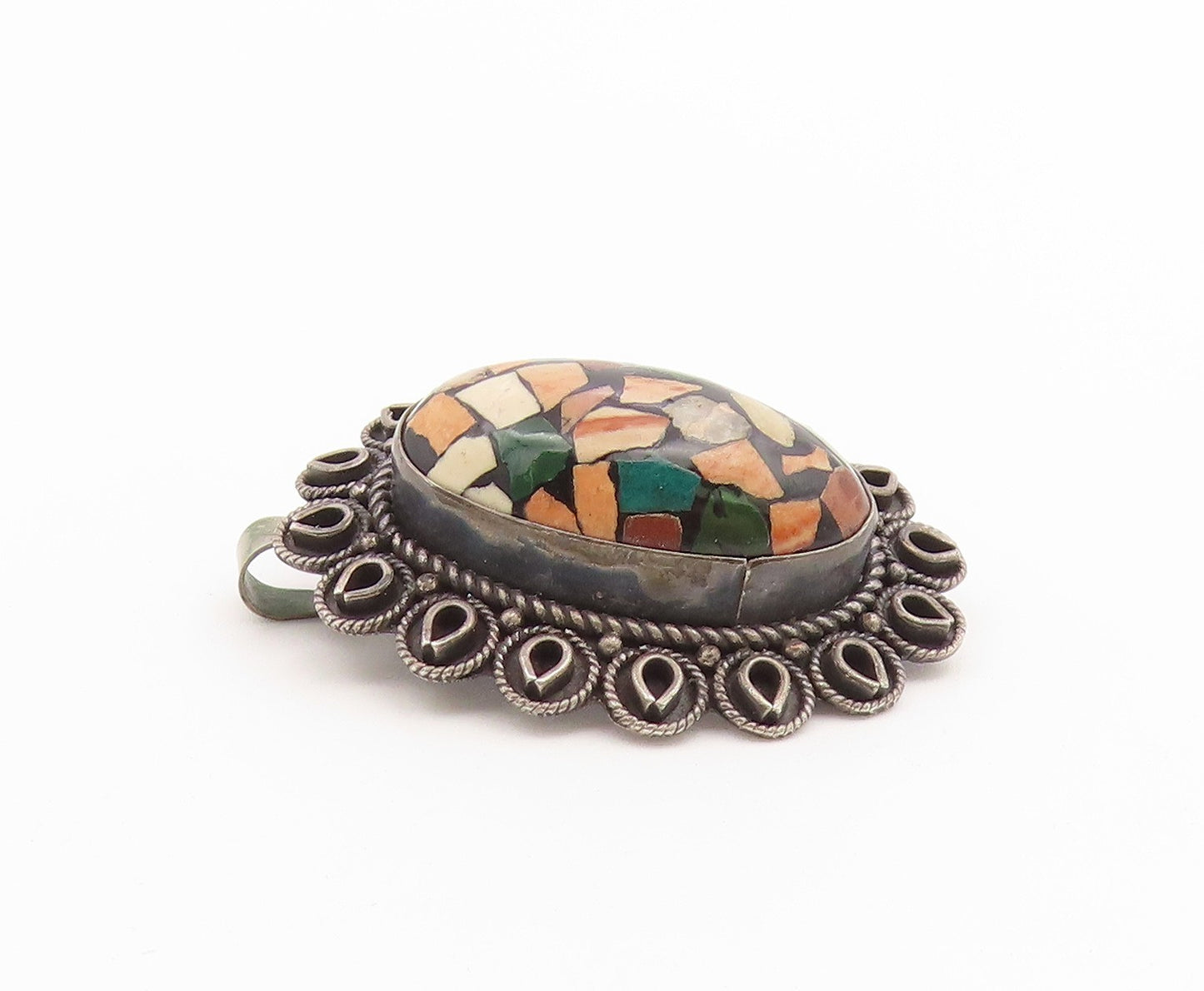 925 Sterling Silver Vintage Brooch Pin Multi gemstone Scalloped Border  BP12644
