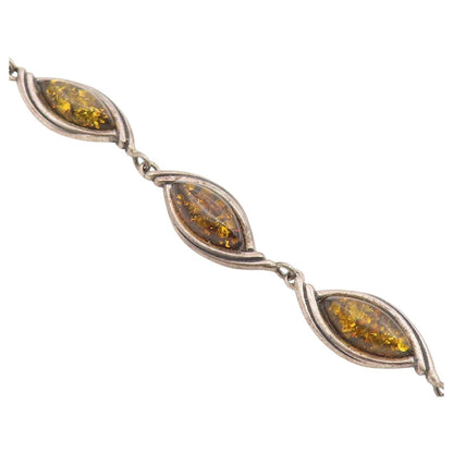 925 Sterling Silver Vintage Bracelet Green Baltic Amber Marquise Link  BT12178