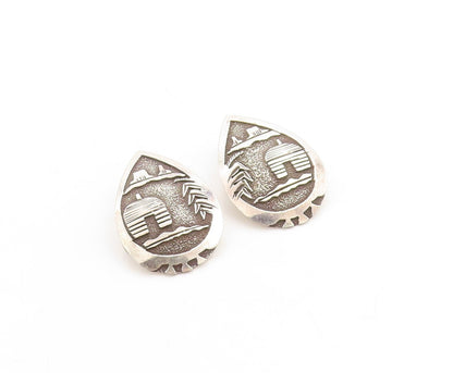 925 Sterling Silver Vintage Earrings BB NAVAJO Dark Tone Landscape  EG13281