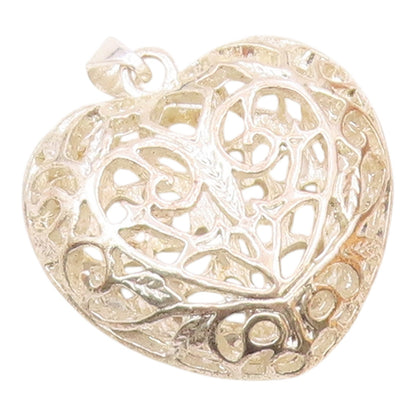 925 Sterling Silver  Vintage Shiny Floral Vine Love Heart Pendant  PT15222
