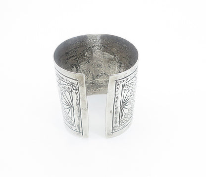 Solid Silver Vintage Antique Etched Star Pattern Cuff Bracelet  BT3372