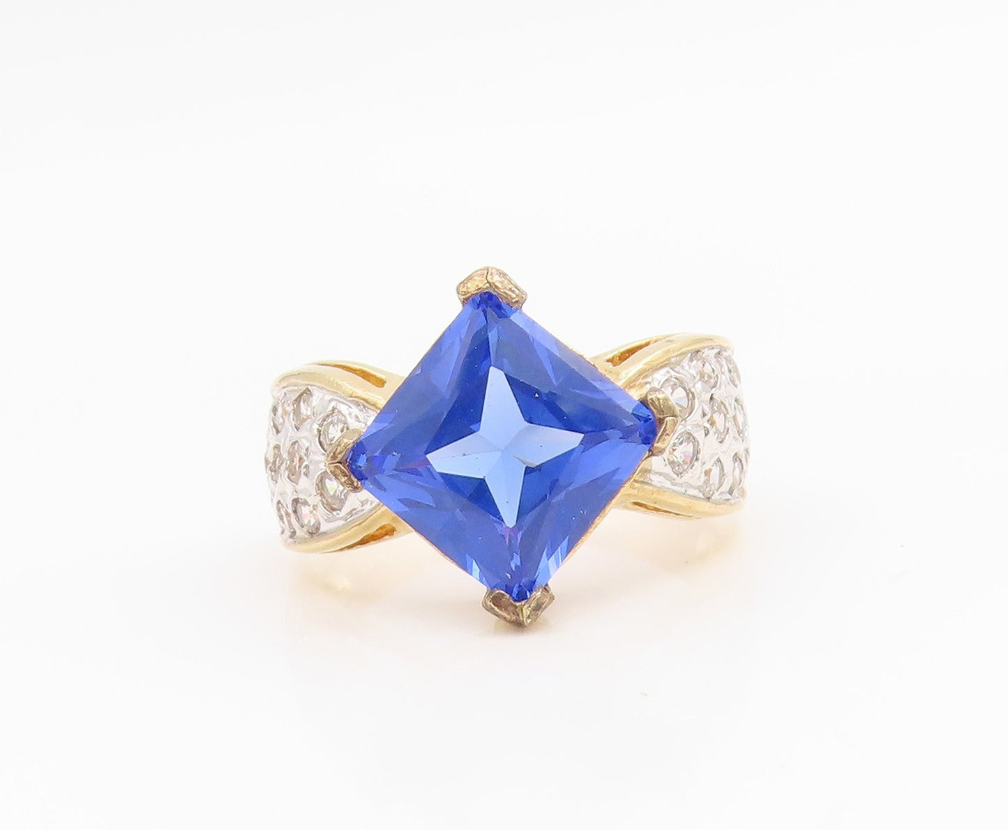 925 Sterling Silver Vintage Ring Gold Plated Blue & White CZ Band  Sz 9  RG35391