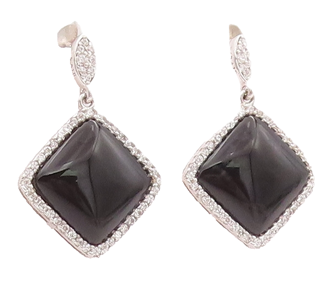 925 Sterling Silver Vintage Earrings Square Cabochon Onyx & CZ Frame  EG12959