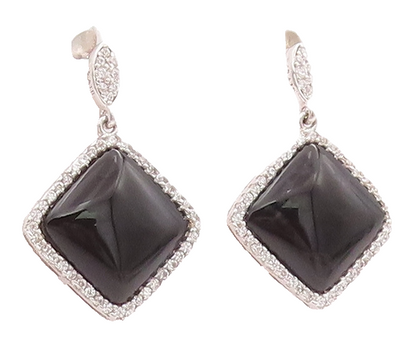 925 Sterling Silver Vintage Earrings Square Cabochon Onyx & CZ Frame  EG12959