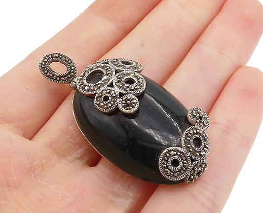 925 Sterling Silver  Vintage Cabochon Carnelian & Marcasite Pendant  PT5994